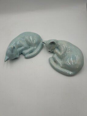 vintage, iridescent blue ceramic sleeping cat figurines pair